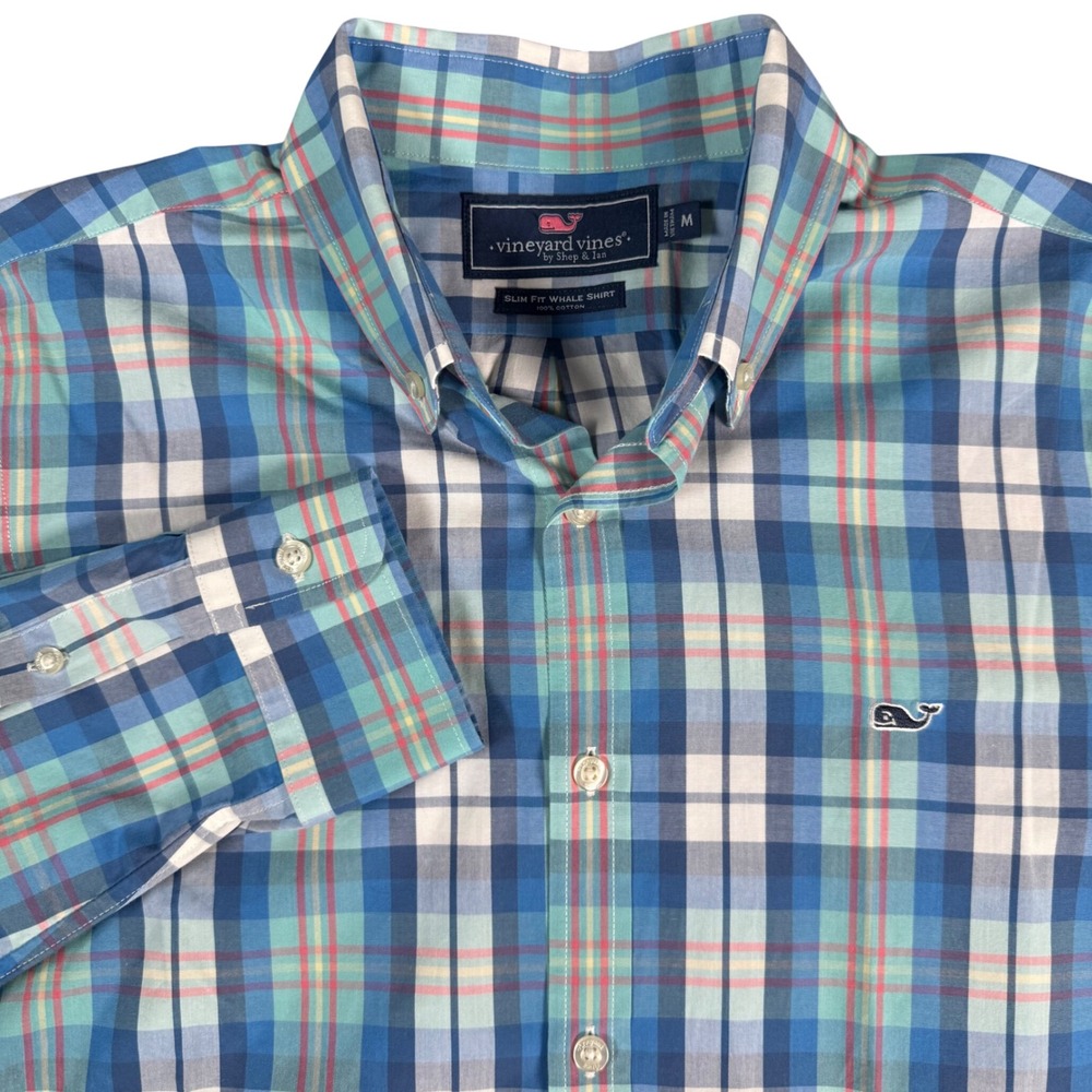 Vineyard Vines Slim Fit Whale Shirt Mens M Blue Plaid Button Down Long Sleeve